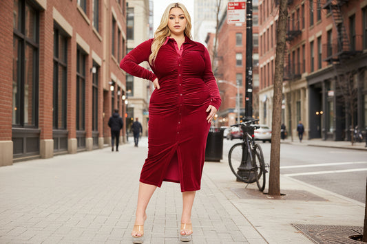 Textured Fabric Button Up Plus Size Shirt Dress