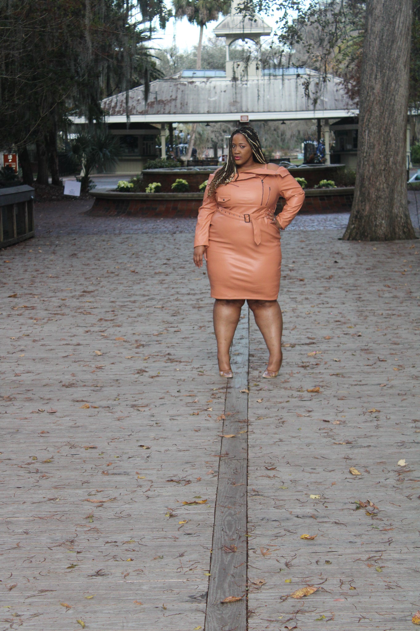 LATISTE FAUX LEATHER OFF SHOULDER DRESS