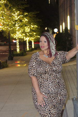 Off Shoulder Ruched 3/4 sleeves Body-con animal print dress.