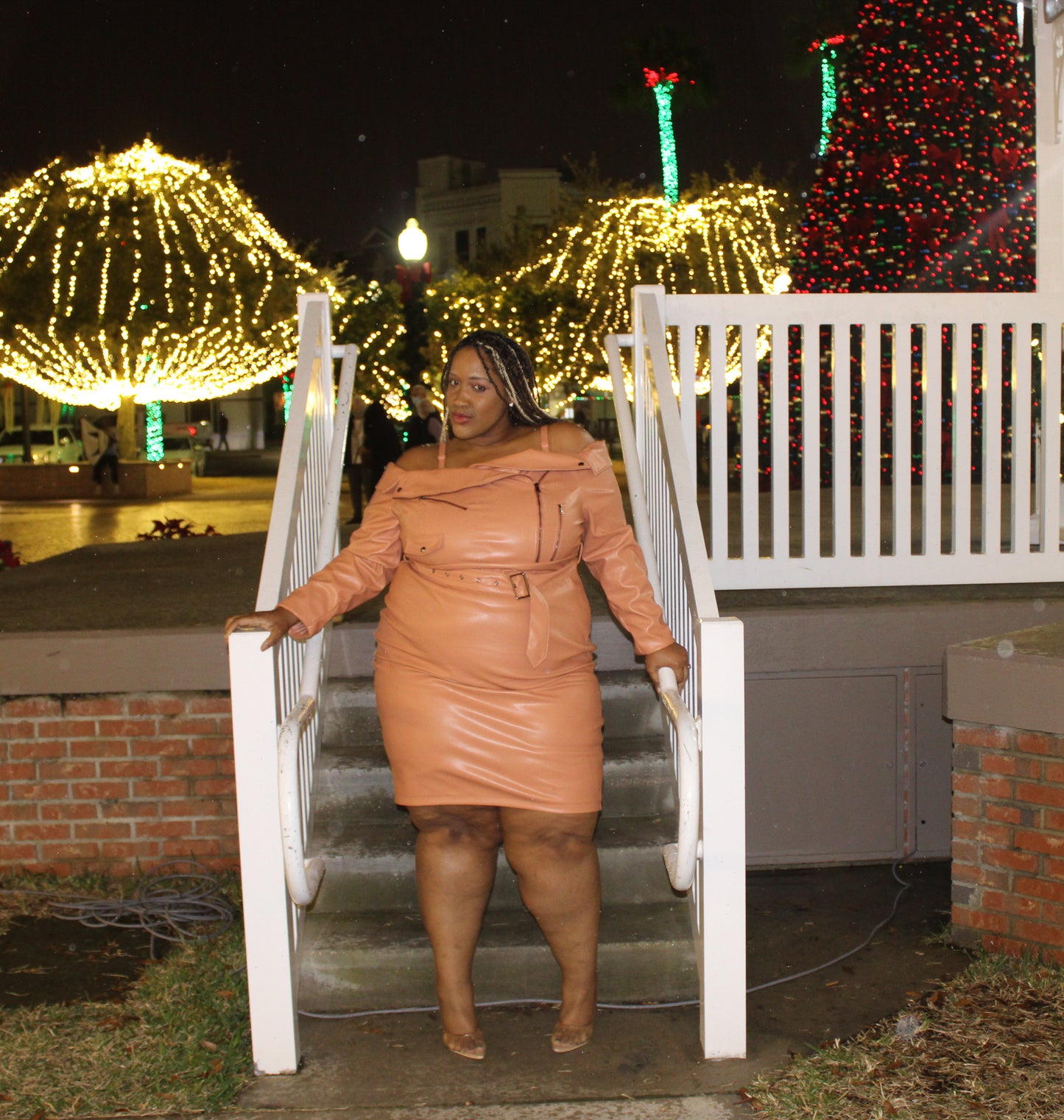 LATISTE FAUX LEATHER OFF SHOULDER DRESS